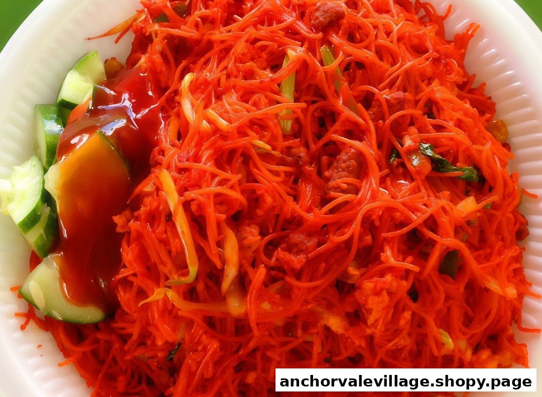 A vibrant plate of red noodles with cucumber slices and a dollop of sauce.
