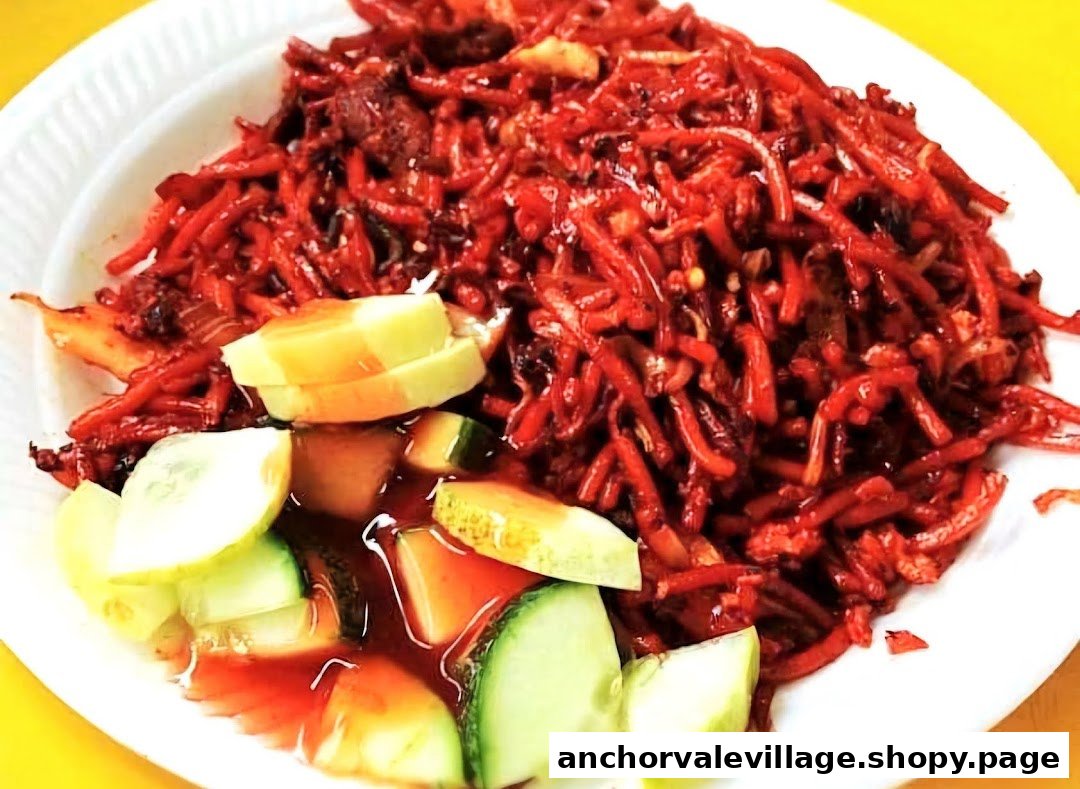 A vibrant plate of red noodles, possibly Mee Goreng, garnished with fresh cucumber slices and sauce.
