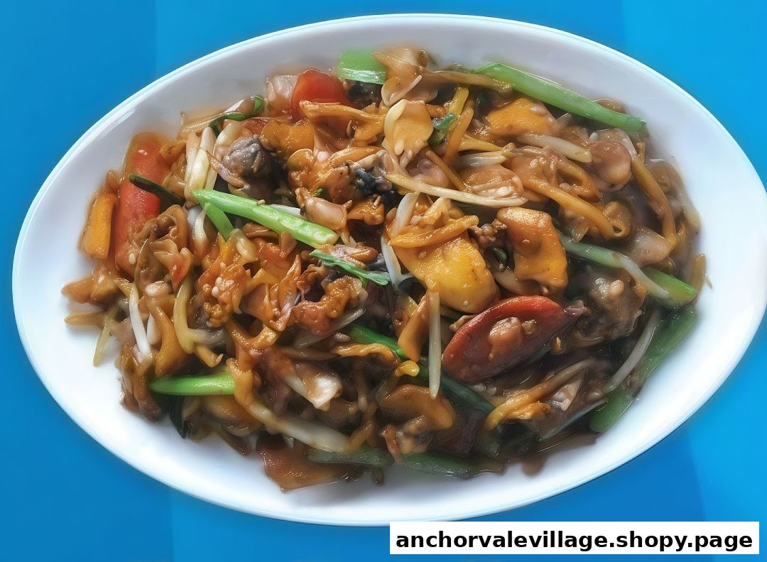 A vibrant dish featuring stir-fried seafood or meat with vegetables in a white oval plate.