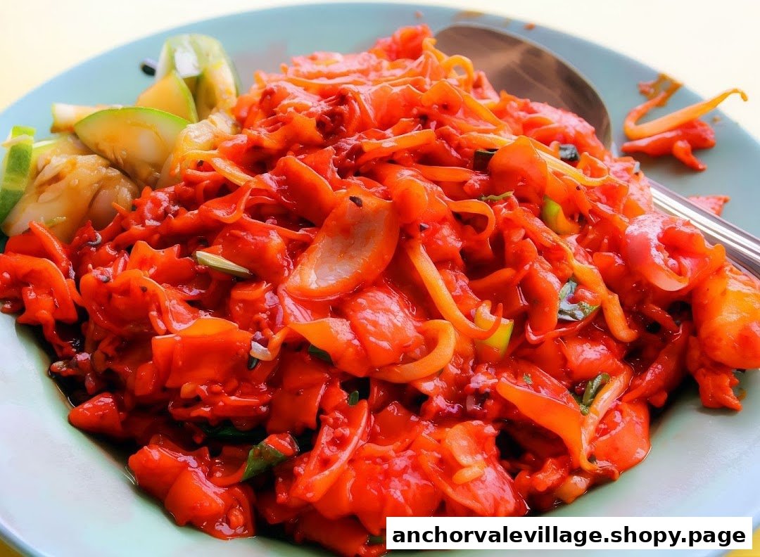 A vibrant red noodle or pasta dish with vegetables and a side of pickled cucumbers.
