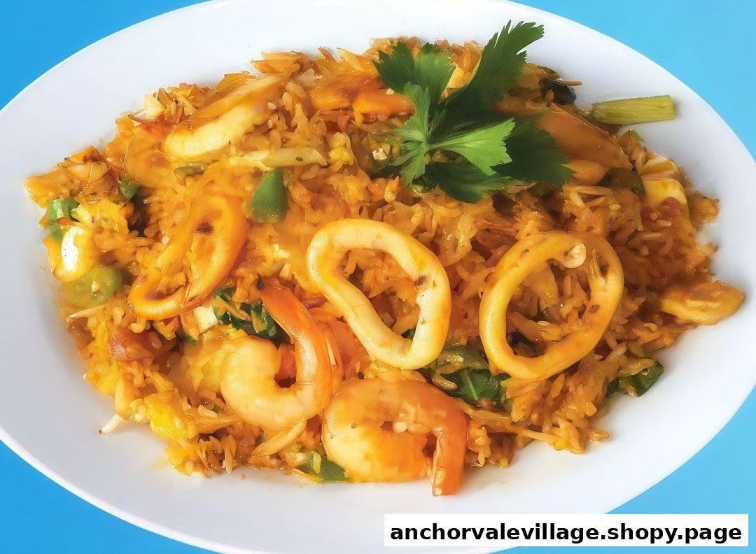 A vibrant plate of seafood fried rice with shrimp, calamari, and fresh parsley.