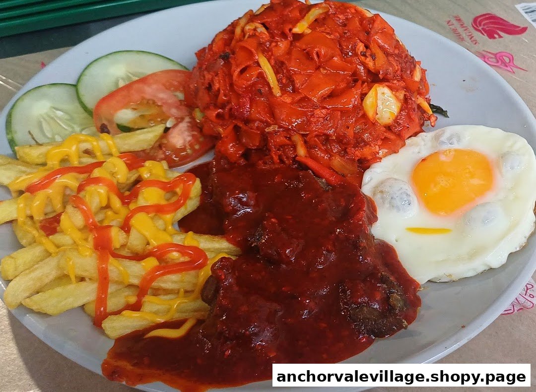A vibrant plate featuring red noodles, a fried egg, fries with sauces, and a meat dish.