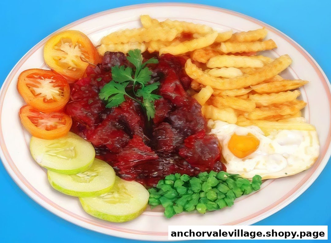 A vibrant plate featuring meat in red sauce, crinkle-cut fries, fried egg, and fresh vegetables.