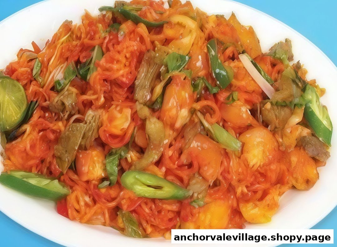 A vibrant plate of noodles or pasta with vegetables and a lime wedge.