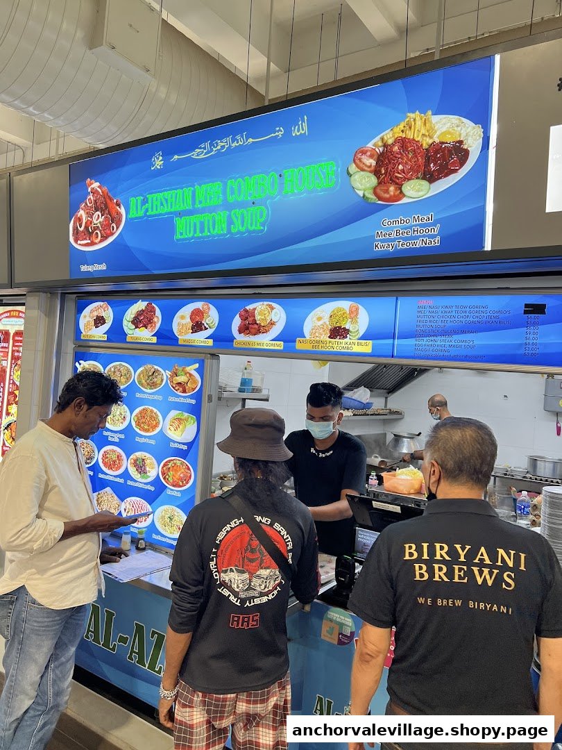 Customers order at Al-Ihshan Combo House, a bustling food stall offering various combo meals and mutton soup.