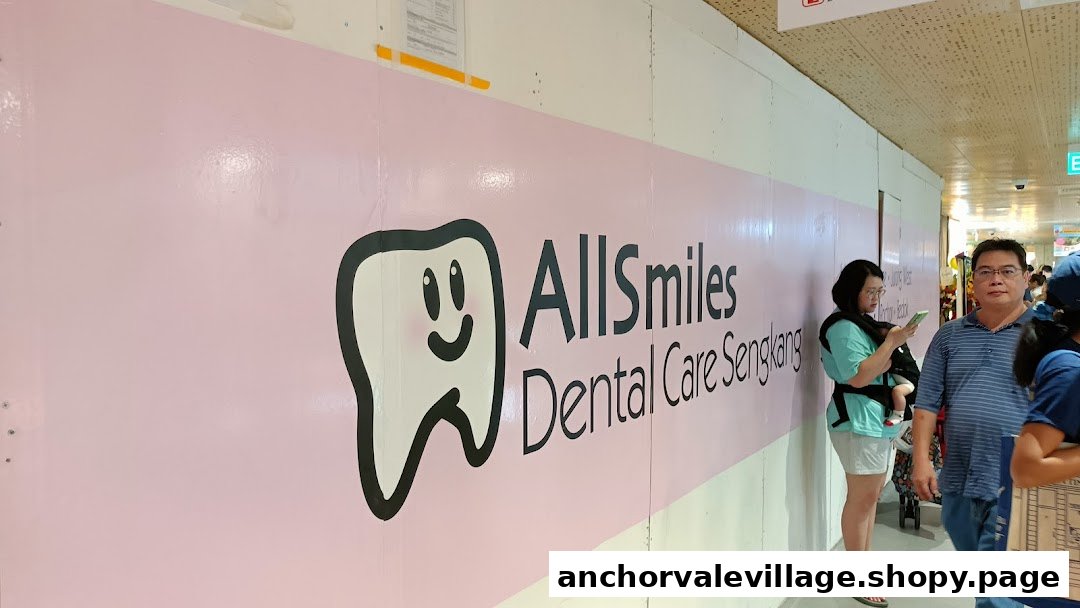 A pink hoarding displays the 'AllSmiles Dental Care Sengkang' logo with a smiling tooth mascot.