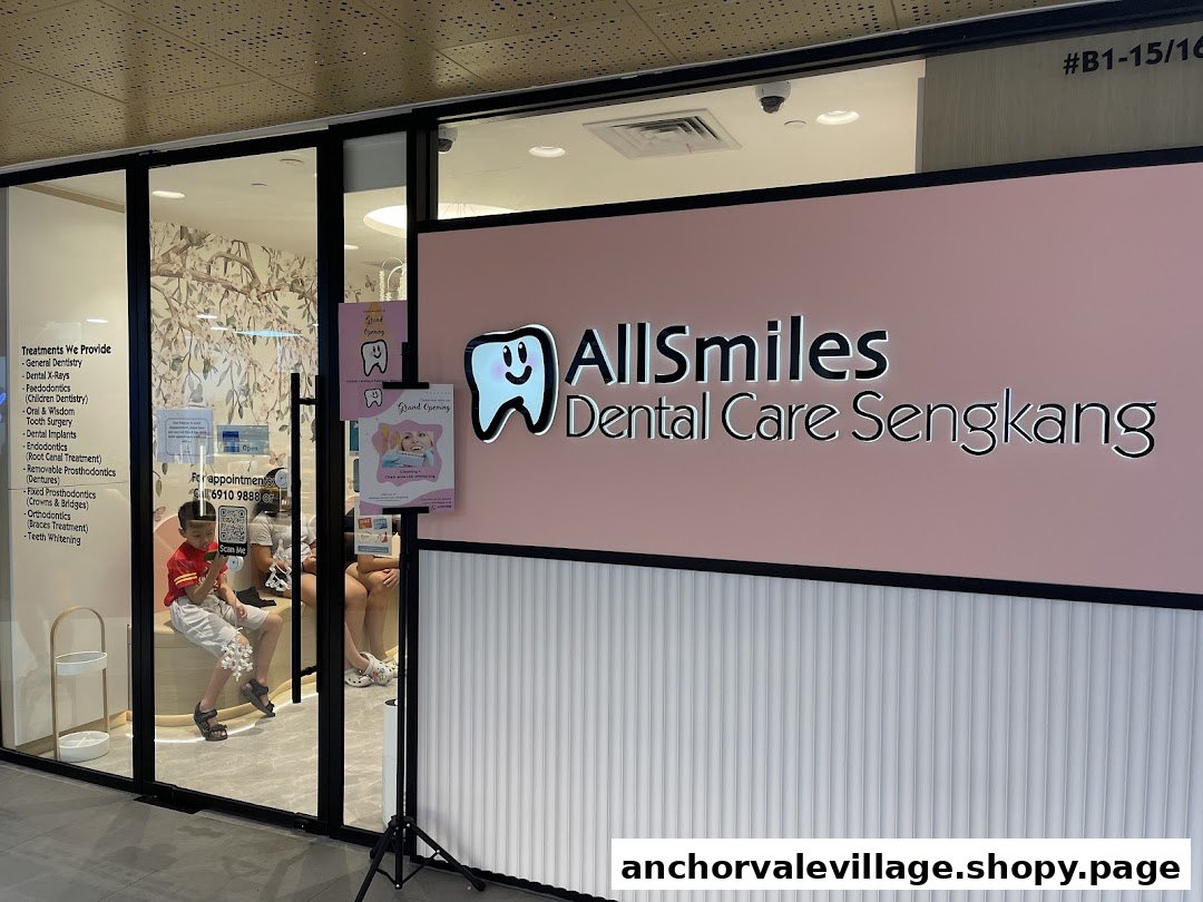 The exterior of AllSmiles Dental Care Sengkang, featuring its prominent signage and waiting area.