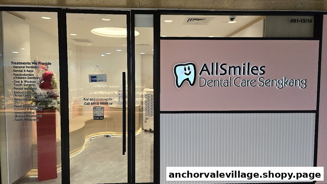 The brightly lit entrance of AllSmiles Dental Care Sengkang, showcasing its logo and services.