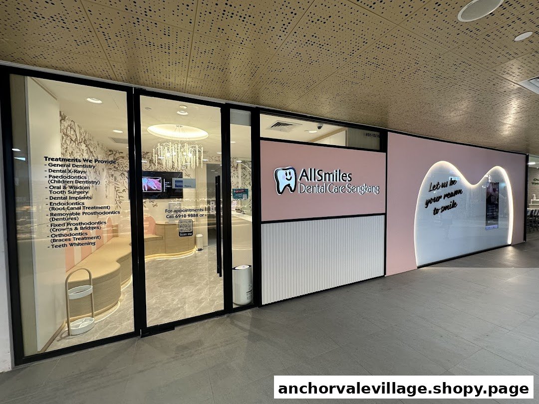The modern and inviting exterior of AllSmiles Dental Care Sengkang, featuring its logo and services.
