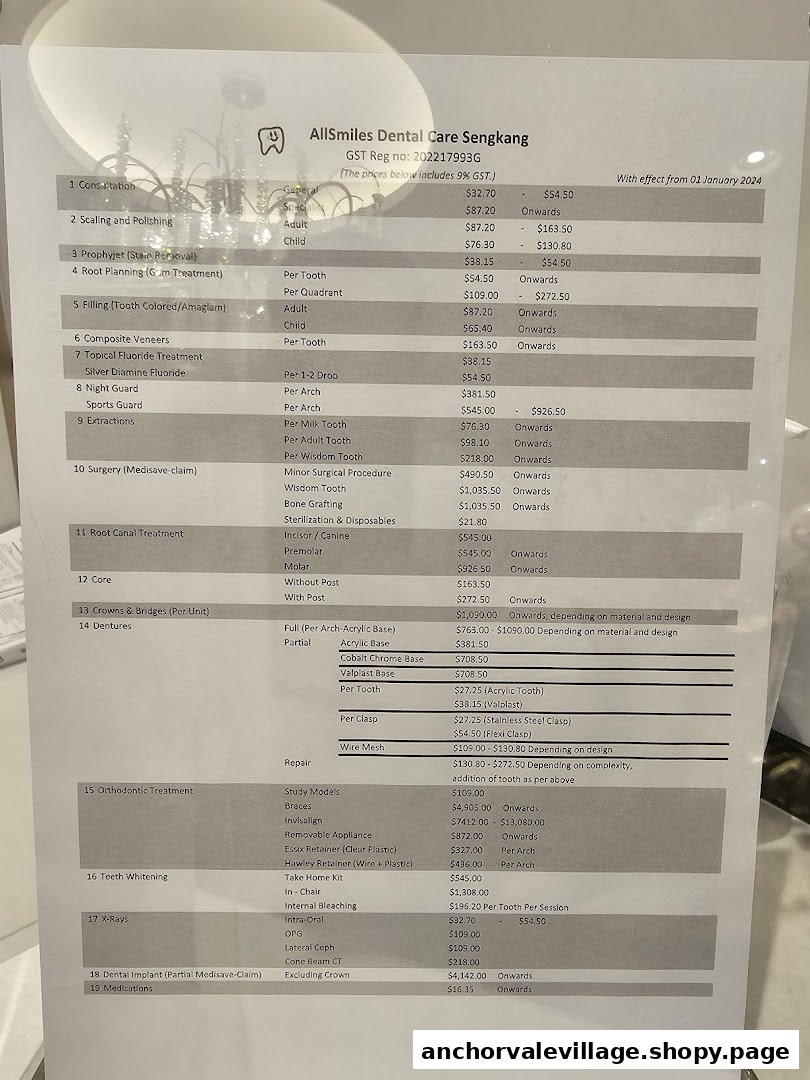 A detailed price list for various dental services offered at AllSmiles Dental Care Sengkang.