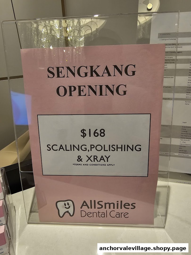 A promotional sign for AllSmiles Dental Care's Sengkang opening, featuring a special offer.