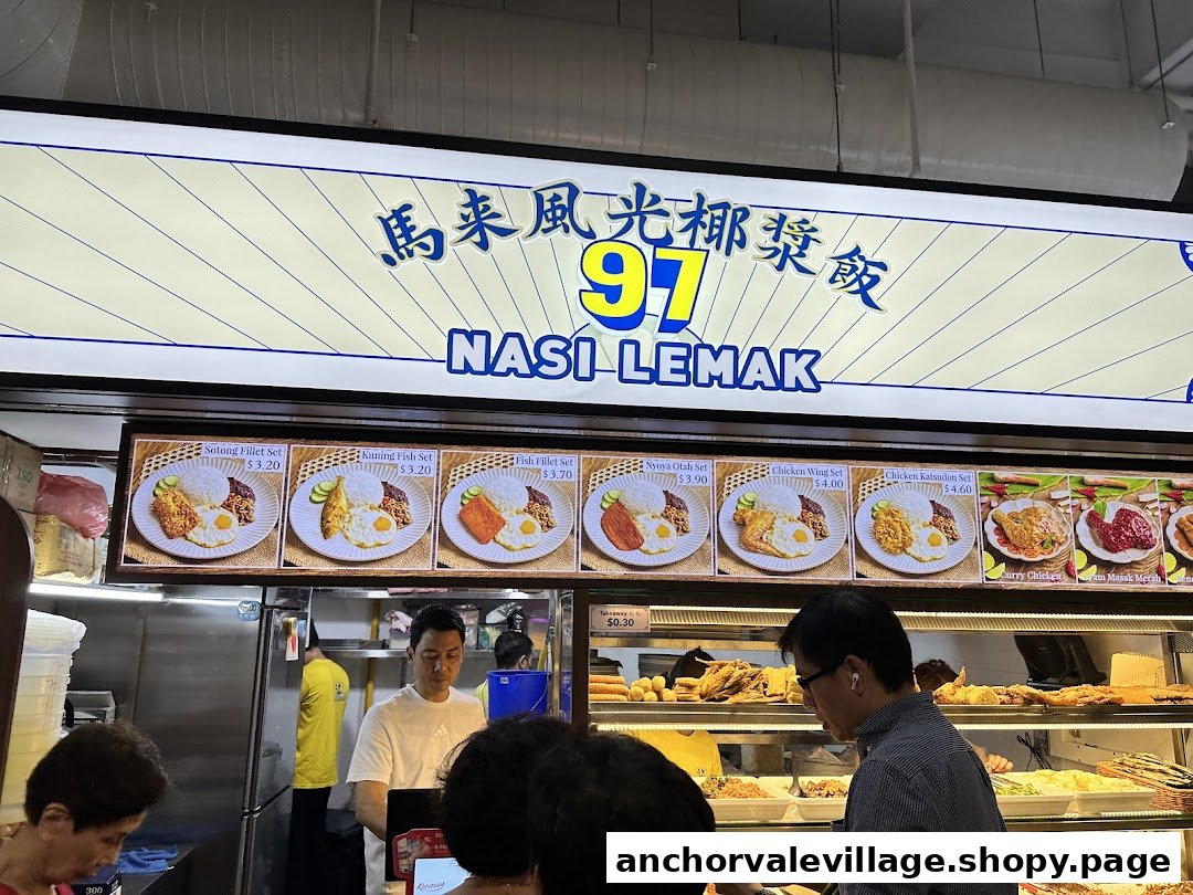 A bustling Nasi Lemak stall showcasing its menu with various sets and prices.