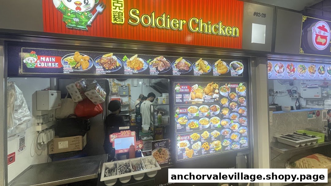 Front view of Soldier Chicken hawker stall showcasing its menu boards and counter.