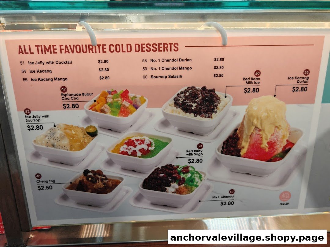 A vibrant menu board showcasing a variety of cold desserts with their names, prices, and appealing photos.