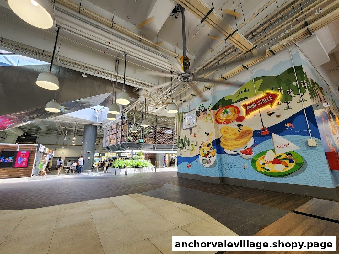 A spacious hawker centre interior featuring a vibrant food-themed mural and various food stalls.