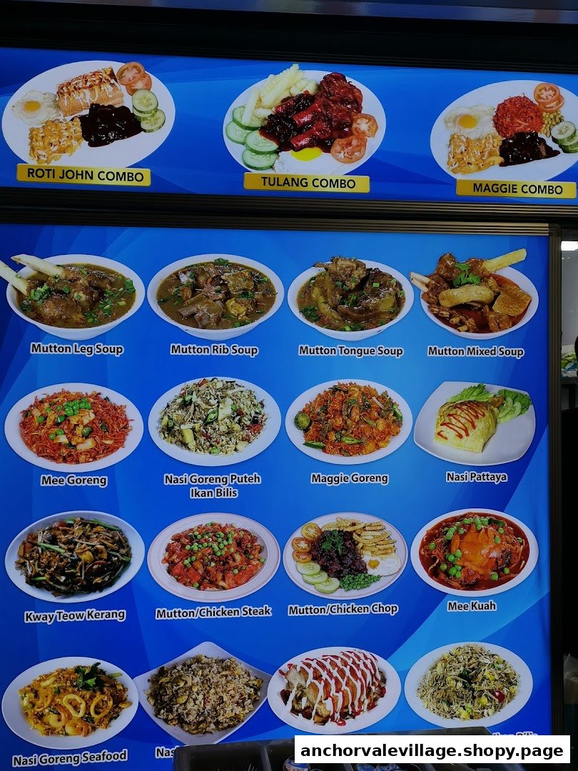 A vibrant menu board showcasing a variety of Malay and Indian hawker dishes with their names.