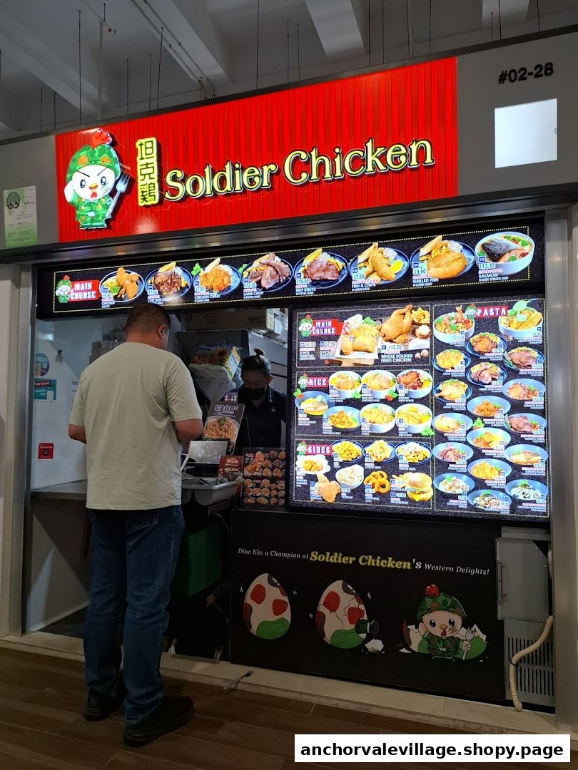 A vibrant hawker stall named Soldier Chicken showcasing its extensive Western food menu and a customer ordering.