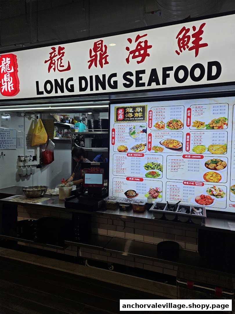 A vibrant hawker stall, Long Ding Seafood, showcasing its extensive menu with various seafood, meat, and vegetable dishes.