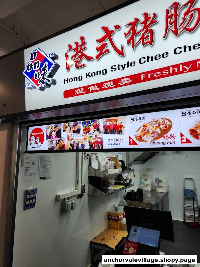 A food stall counter featuring a menu board with Hong Kong style Chee Cheong Fun options and prices.
