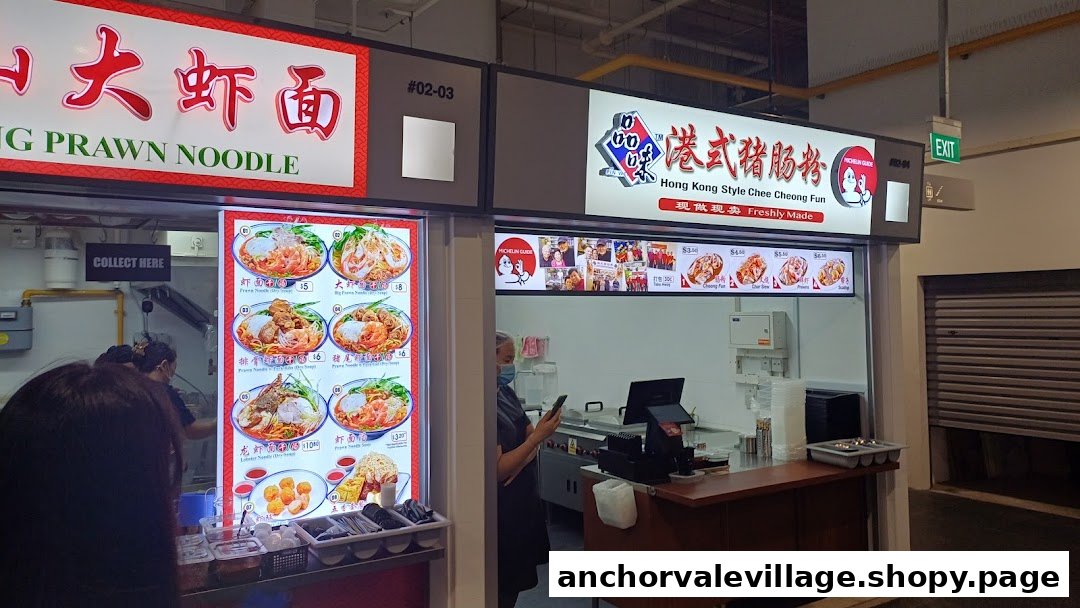 Two popular hawker stalls at Anchorvale Village, offering Big Prawn Noodle and Hong Kong Style Chee Cheong Fun.