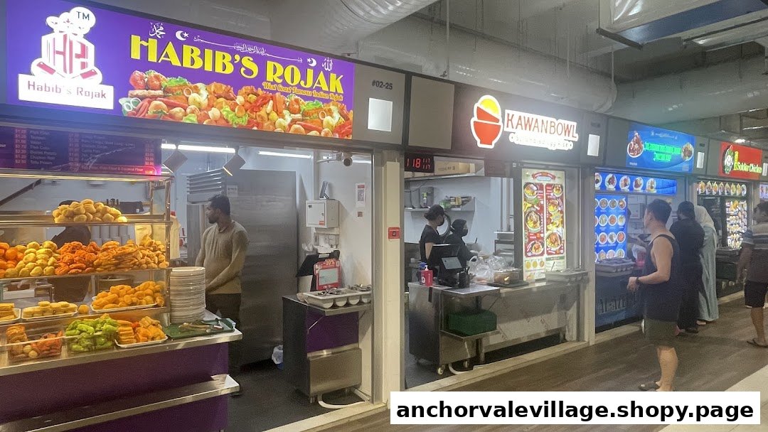 A vibrant hawker centre scene showcasing multiple food stalls, including Habib's Rojak and Kawan Bowl.