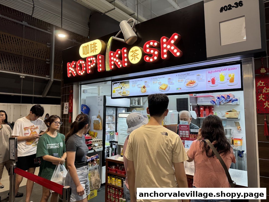 Customers queueing at Kopi Kiosk, a vibrant coffee and toast stall in Anchorvale Village Hawker Centre.