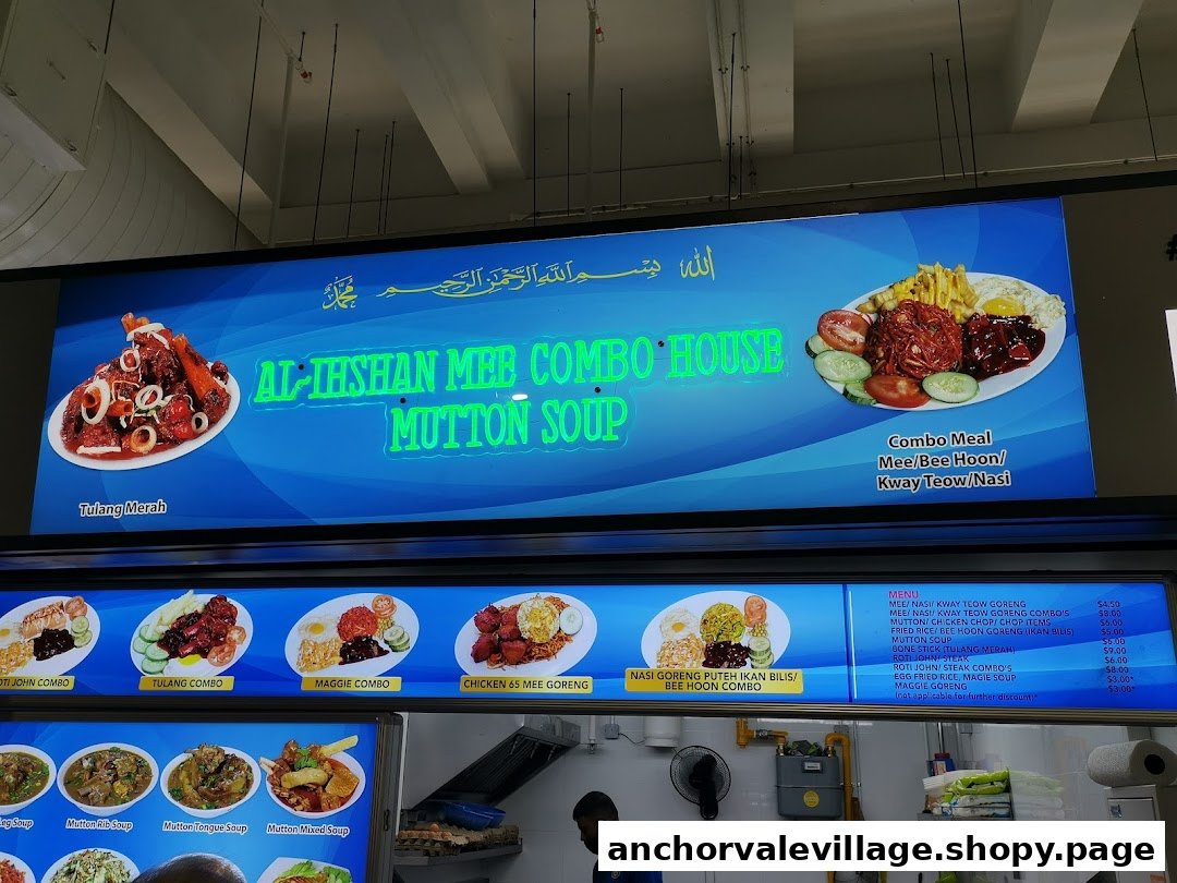 A vibrant menu board showcasing various Mee, Nasi, and Mutton Soup dishes at a hawker stall.