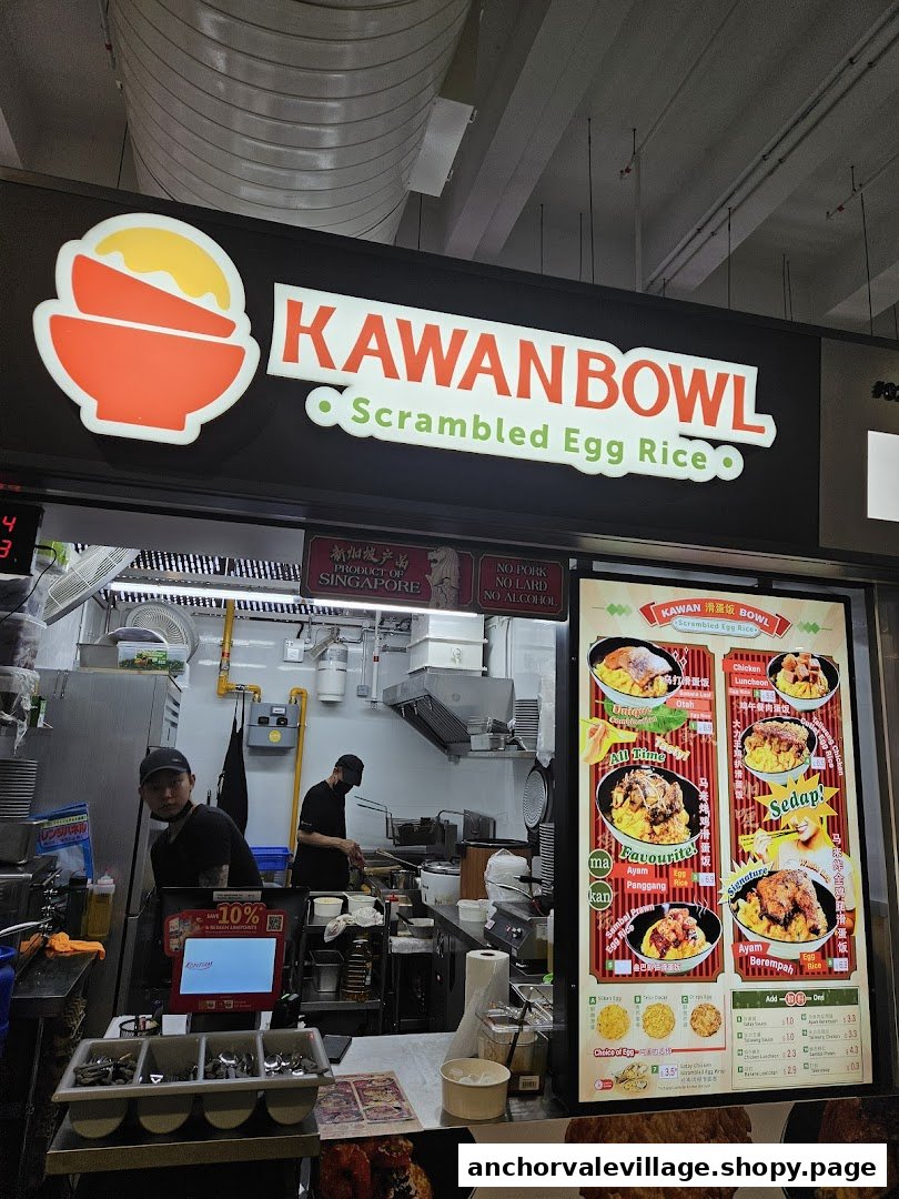 A vibrant hawker stall front, Kawan Bowl, specializing in scrambled egg rice, with a prominent menu display.