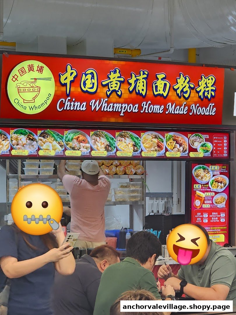 An interior shot of China Whampoa Home Made Noodle hawker stall with customers and menu displays.