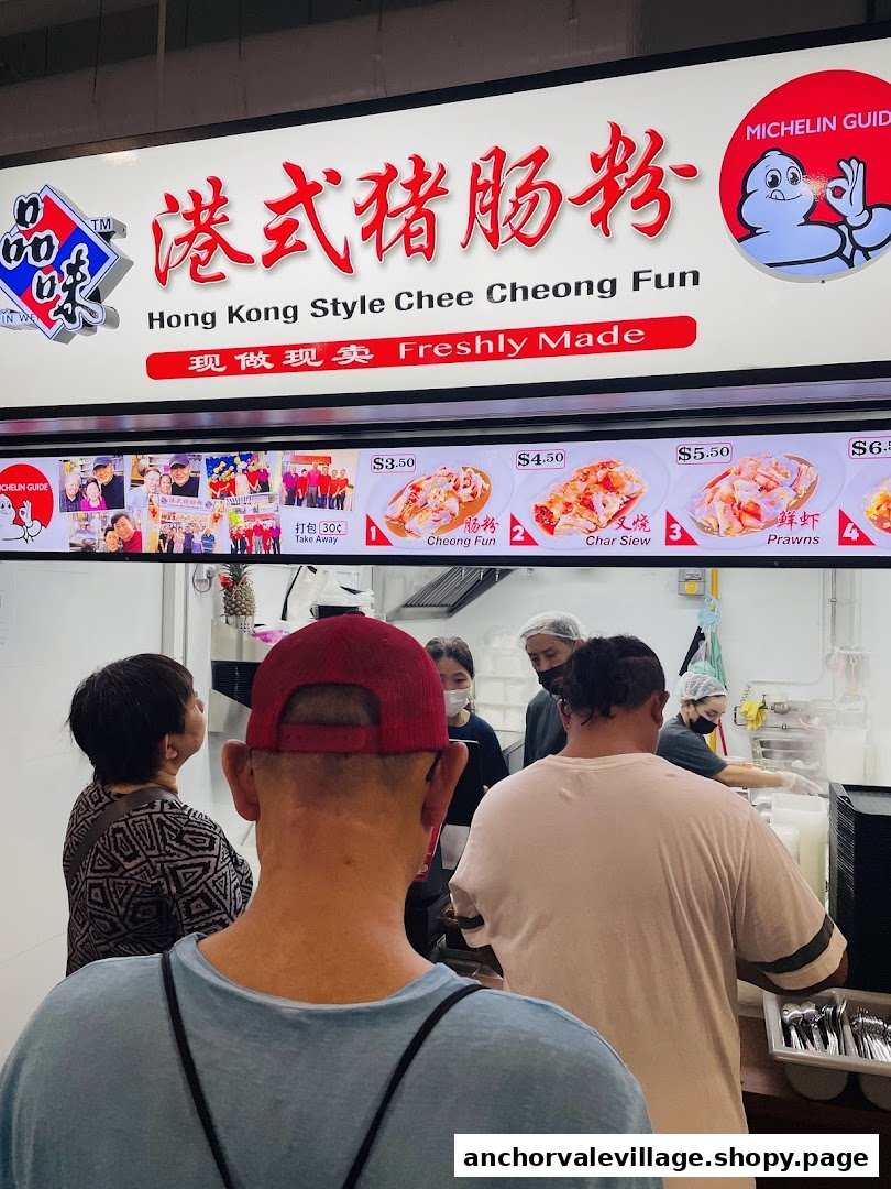 Customers queueing at a Hong Kong style Chee Cheong Fun stall with a prominent menu board.