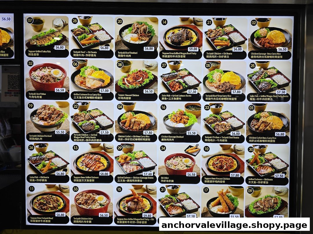 A vibrant digital menu board showcasing a variety of Japanese-inspired dishes with photos and prices.