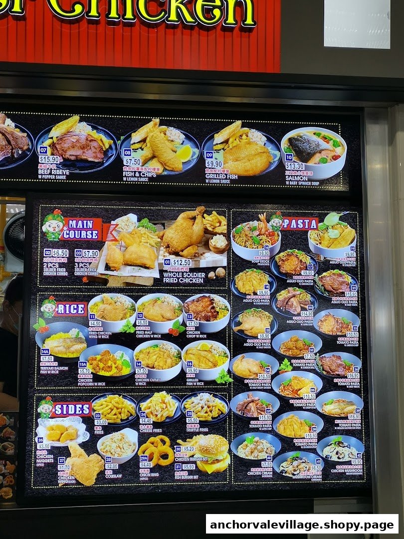 A vibrant digital menu board showcasing a variety of Western and local dishes, including chicken, fish, pasta, and sides.