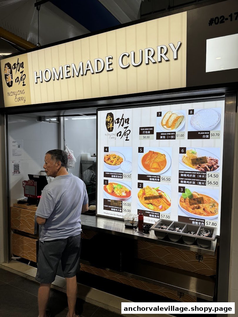 A customer stands before a hawker stall displaying a large menu of homemade curry dishes.