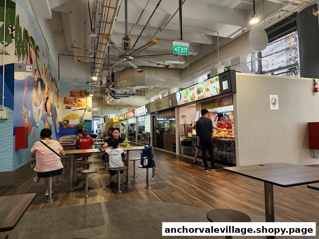 Diners enjoying meals at a vibrant hawker centre with a colorful mural and various food stalls.