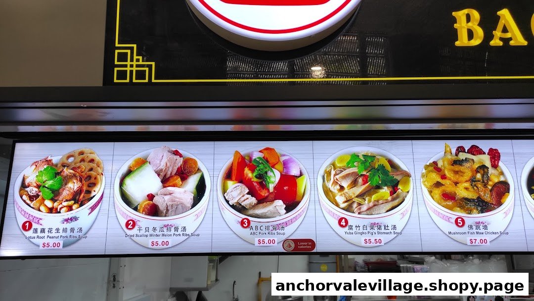 A vibrant menu display showcasing various traditional Chinese soup dishes with their prices.