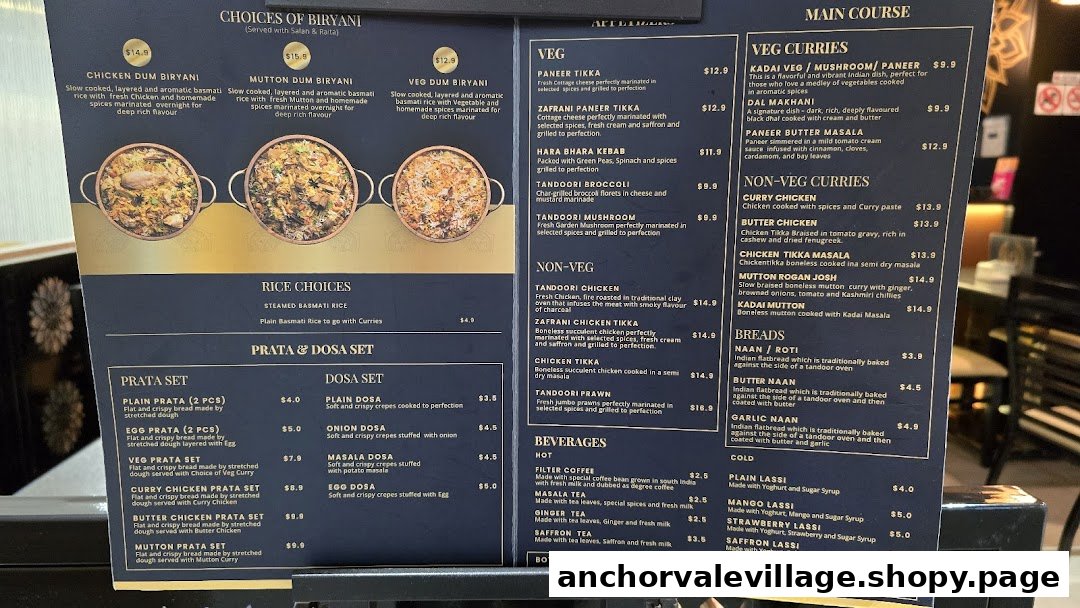 A detailed menu board from Biryani Brews, showcasing a variety of Indian dishes and beverages.