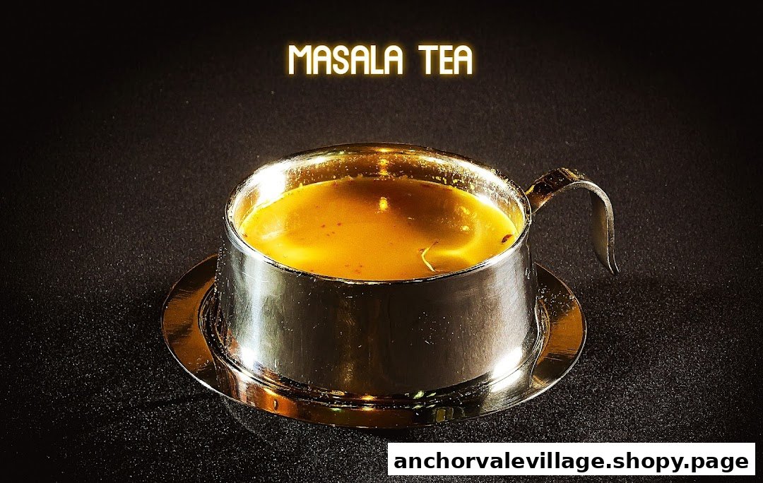 A close-up of a golden cup filled with rich, aromatic Masala Tea on a dark background.