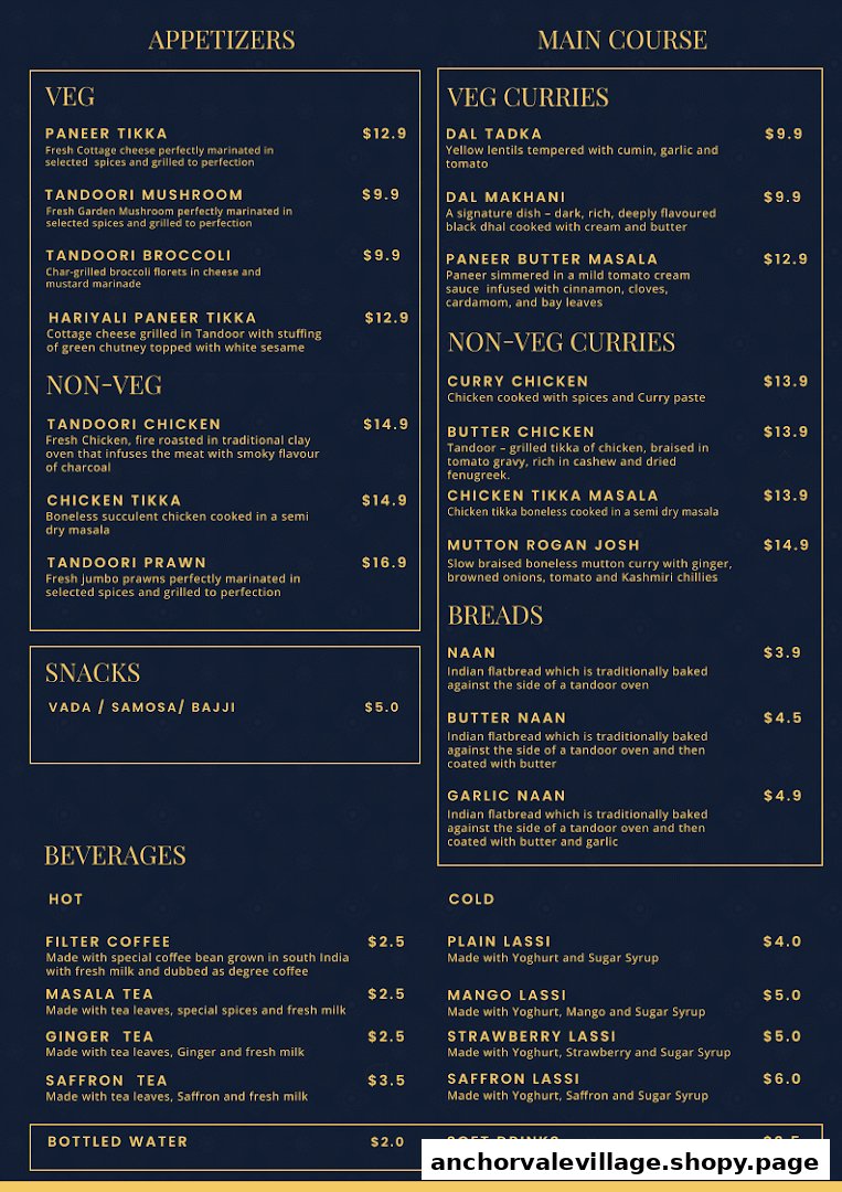 A comprehensive menu from Biryani Brews, featuring appetizers, main courses, snacks, and beverages.