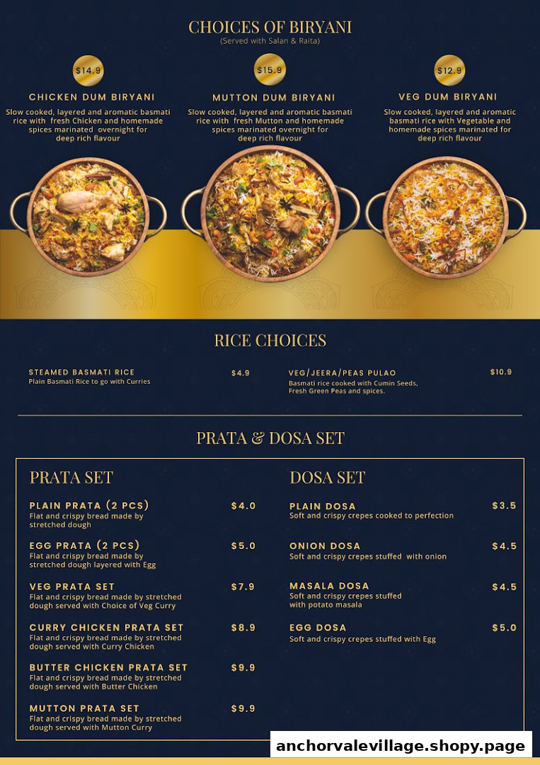 A detailed menu from Biryani Brews showcasing biryani, rice, prata, and dosa options with prices.