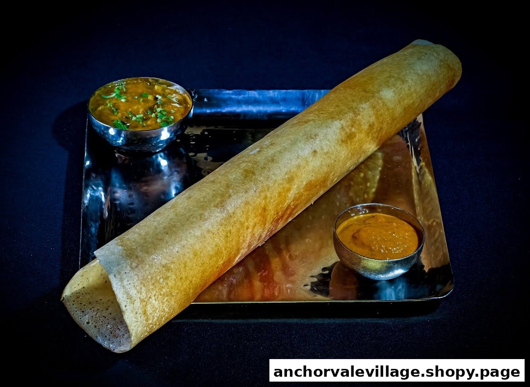A golden-brown dosa served on a metallic tray with two bowls of flavorful chutneys.