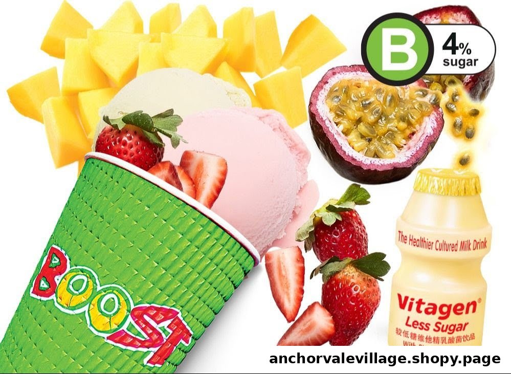 A vibrant collage showcasing fresh fruits, ice cream, and a Boost Juice cup, emphasizing healthy ingredients.