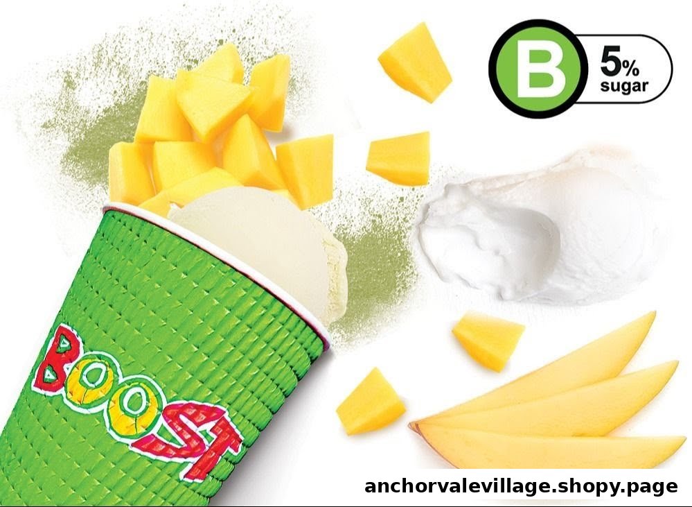 A vibrant Boost Juice cup with mango pieces and creamy ingredients, highlighting 5% sugar.