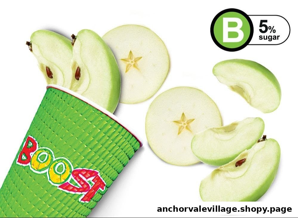 A Boost Juice cup with green apple slices and a 'B 5% sugar' nutritional label.