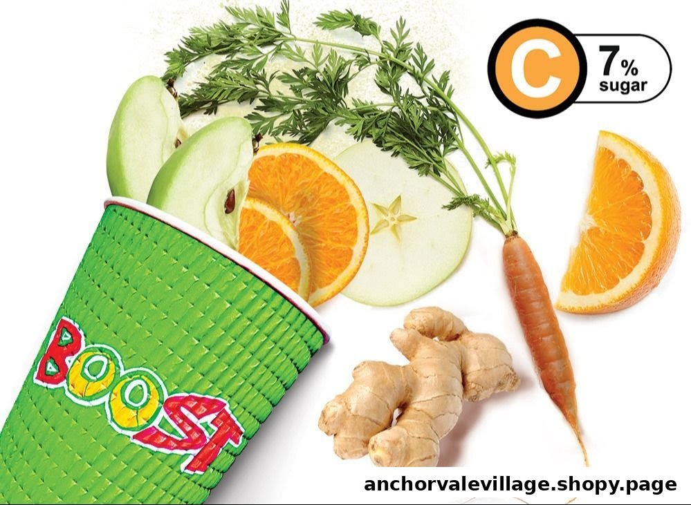 A vibrant Boost Juice cup surrounded by fresh ingredients like apple, orange, carrot, and ginger.