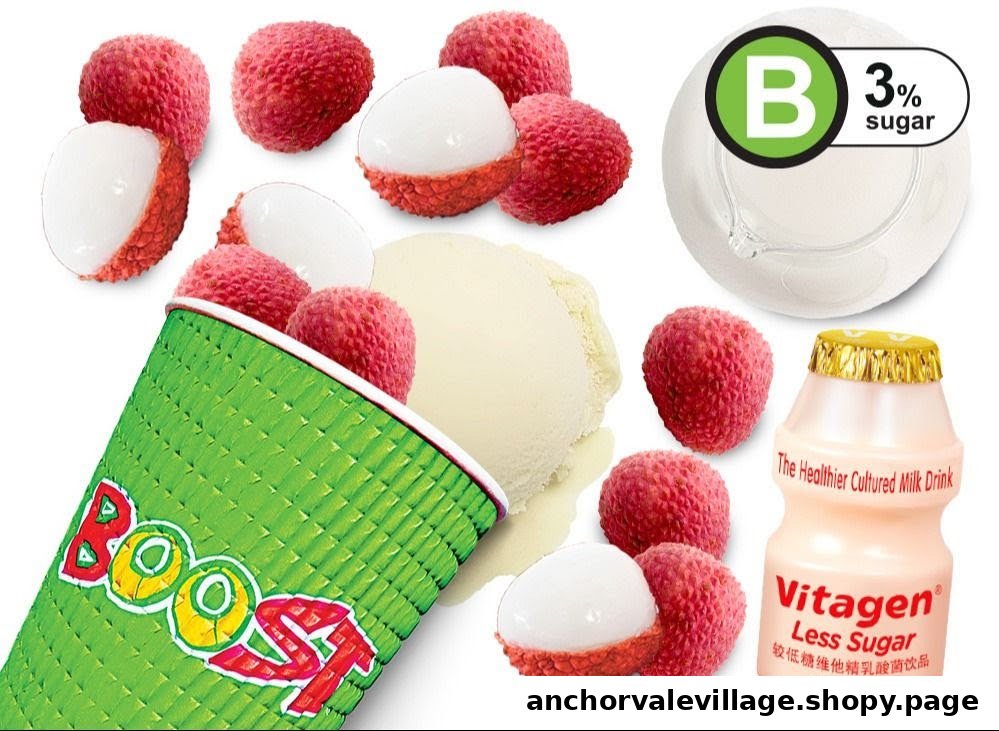 A vibrant image showcasing lychees, ice cream, a Boost cup, and Vitagen, suggesting a refreshing lychee-flavored drink.