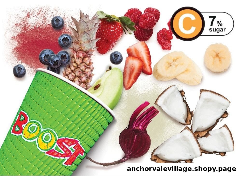 A Boost Juice cup surrounded by fresh fruits and vegetables, highlighting healthy ingredients.