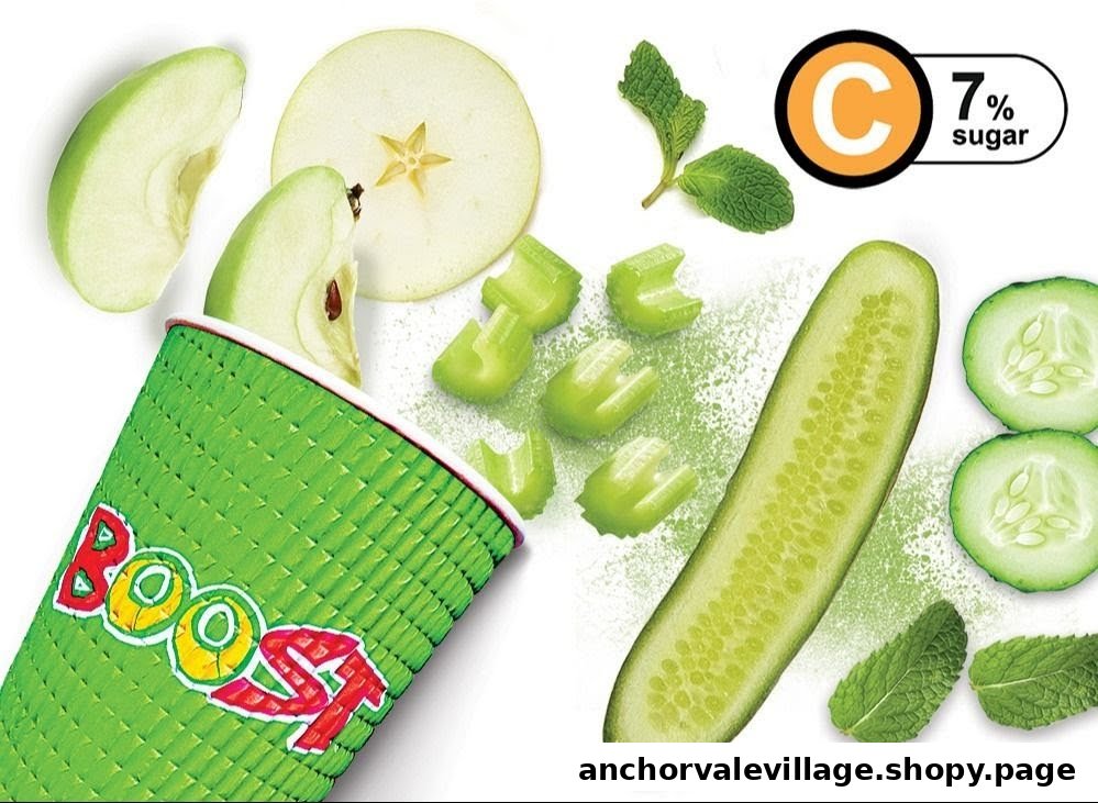 A vibrant flat lay showcasing fresh ingredients like apple, cucumber, celery, and mint with a Boost Juice cup.
