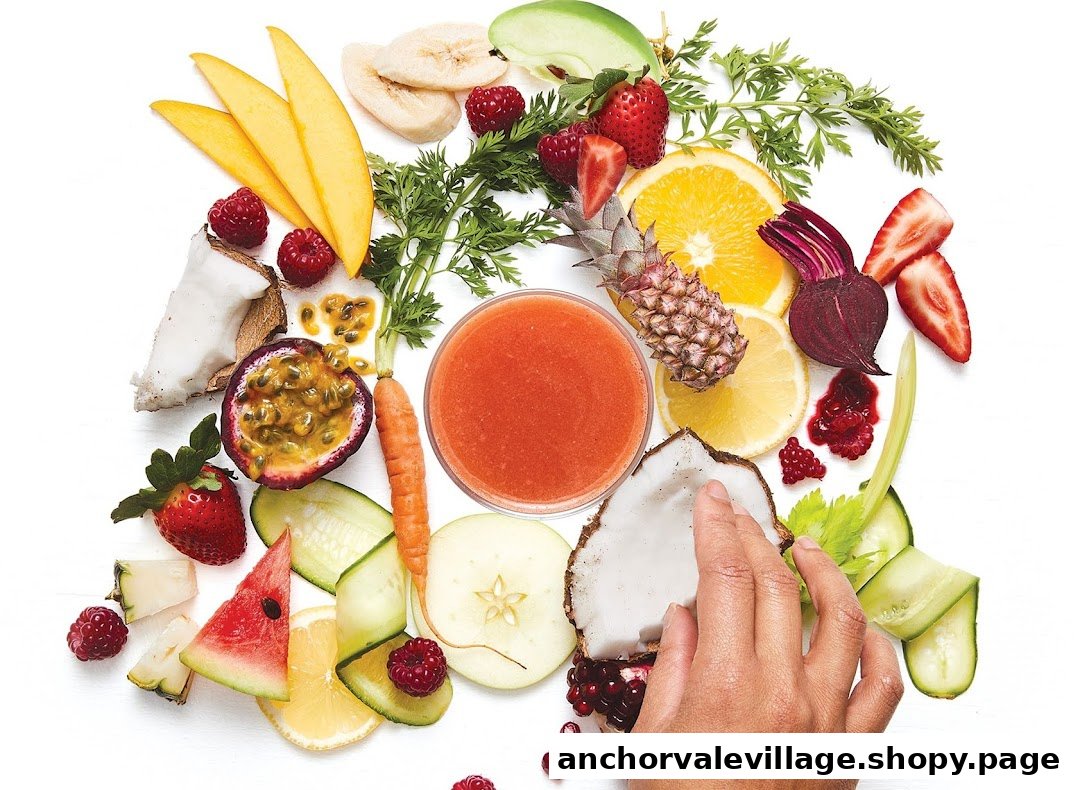 A vibrant overhead shot of fresh fruits and vegetables surrounding a glass of juice, with a hand reaching for a coconut.