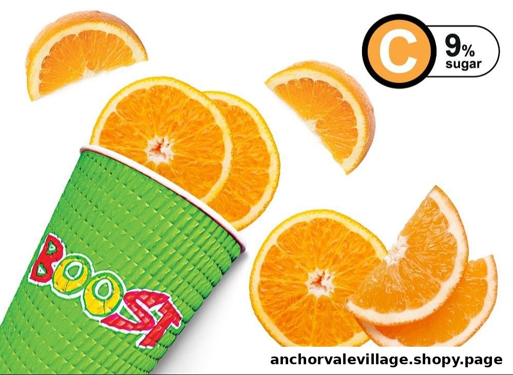 A vibrant green Boost Juice cup surrounded by fresh orange slices, highlighting Vitamin C and low sugar.