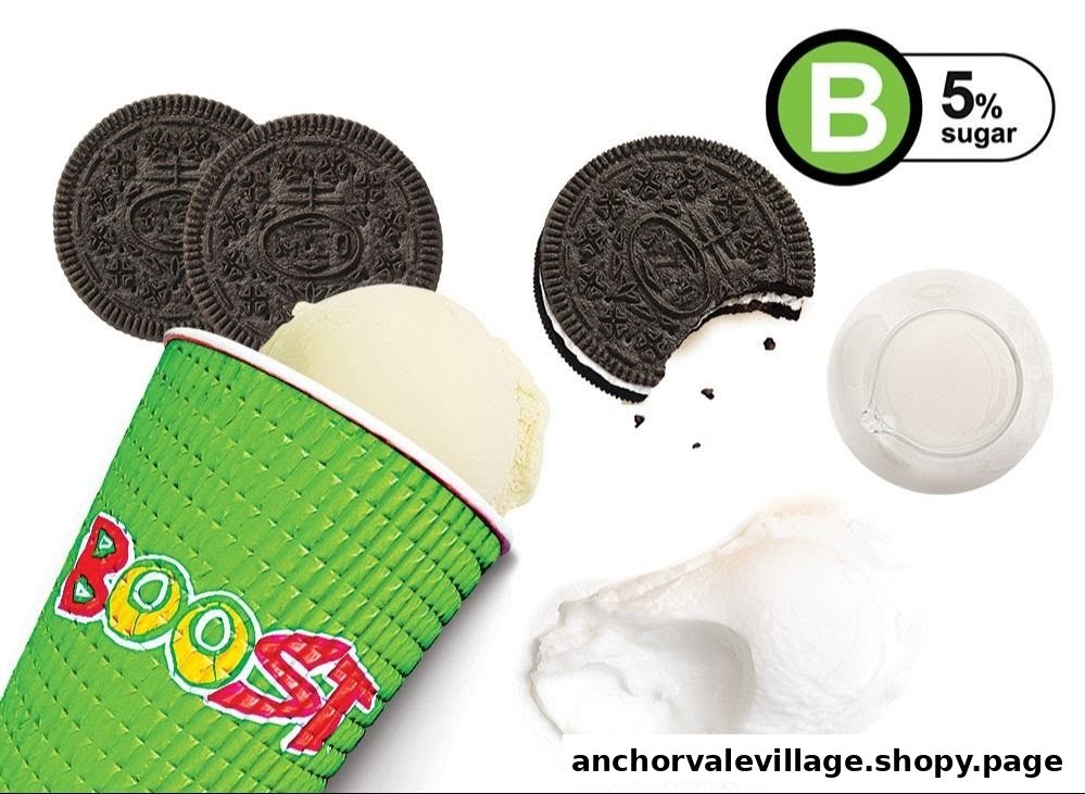A Boost Juice cup with ice cream, Oreo cookies, and a 5% sugar label, suggesting a sweet treat.